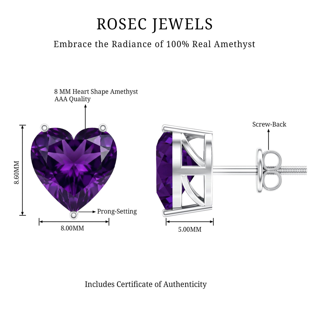 Heart Shape Amethyst Solitaire Stud Earrings for Her
