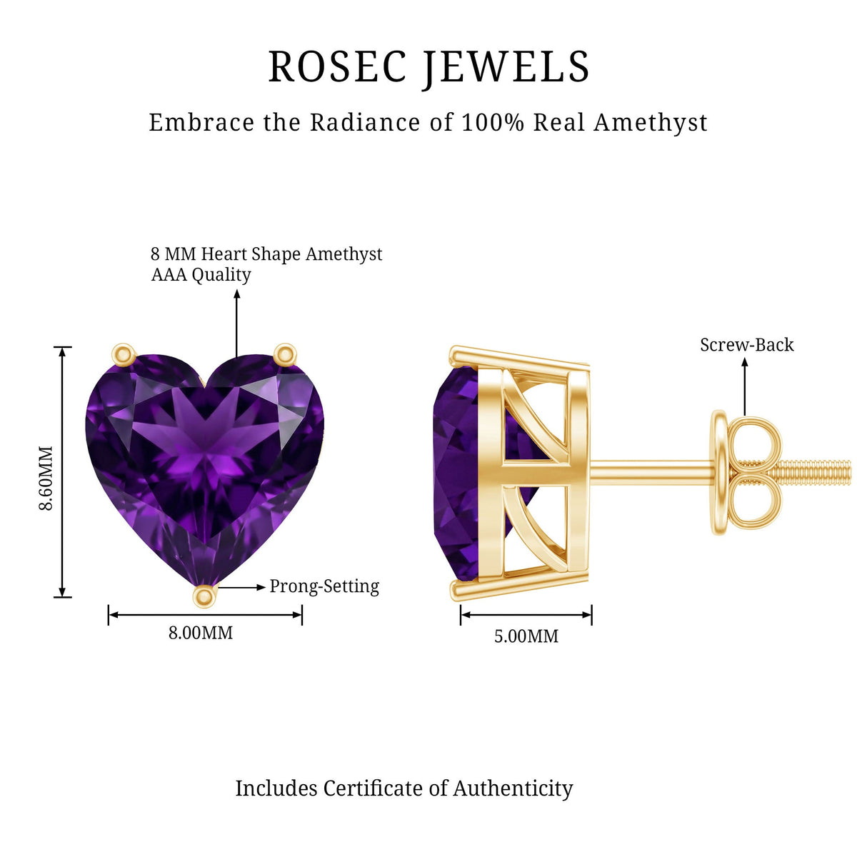 Heart Shape Amethyst Solitaire Stud Earrings for Her