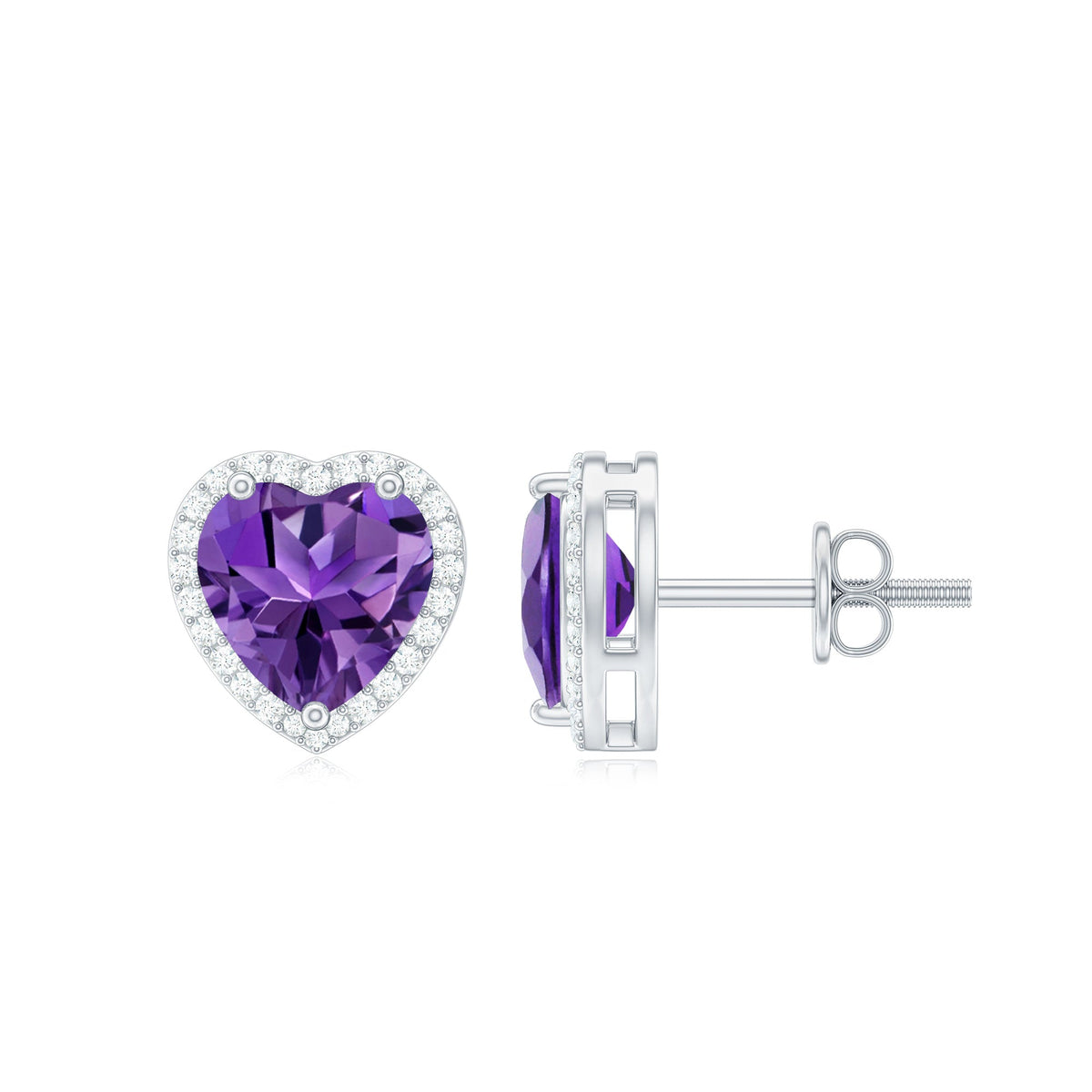 Certified Real Heart Shape Amethyst Stud Earrings with Diamond Halo
