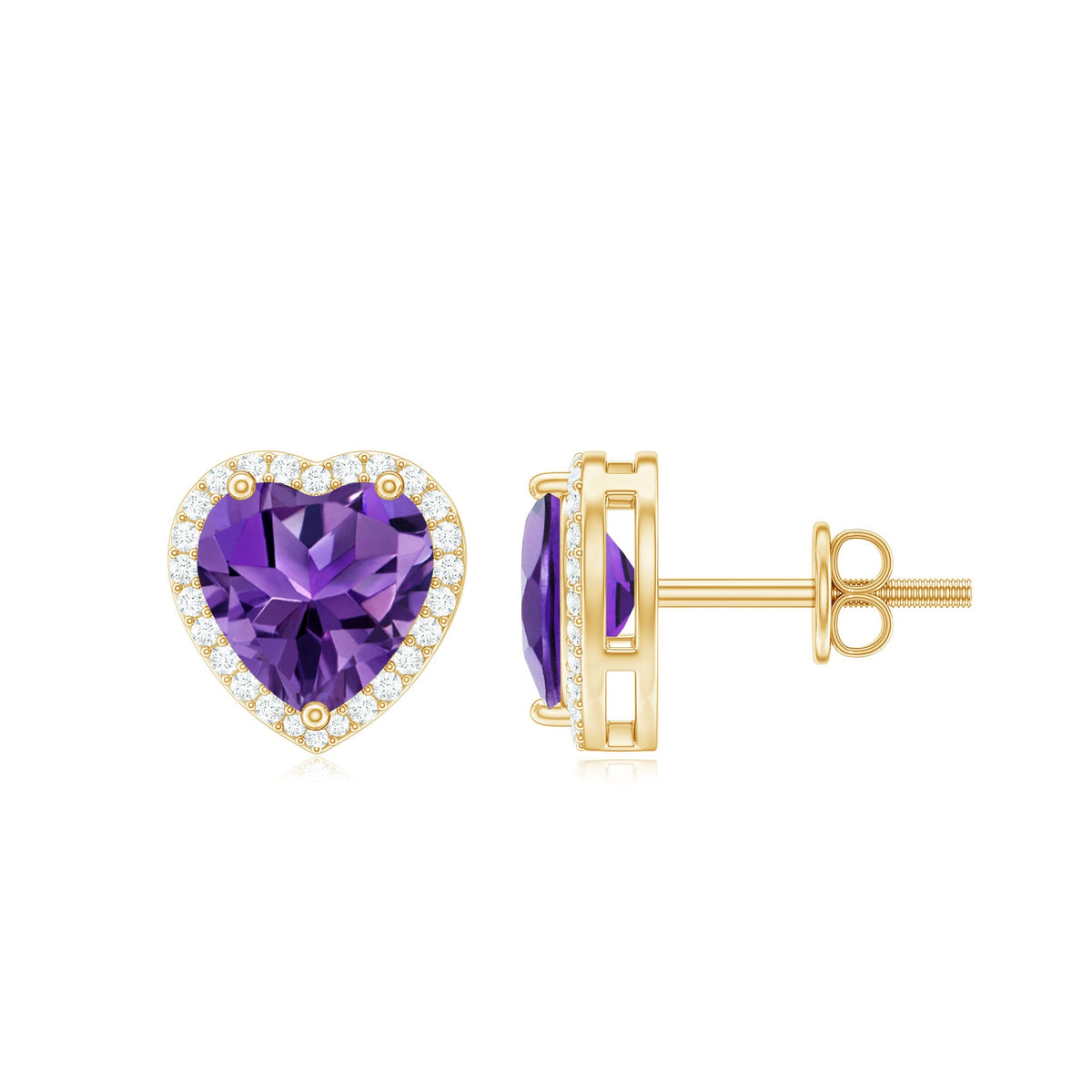 Certified Real Heart Shape Amethyst Stud Earrings with Diamond Halo