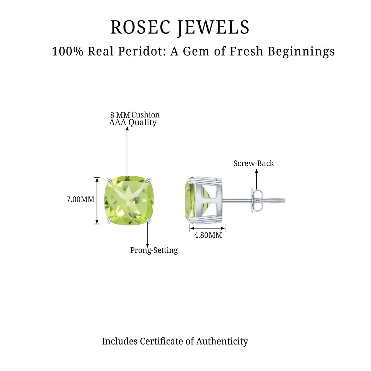 Genuine Cushion Cut Peridot Solitaire Stud Earrings With Certificate