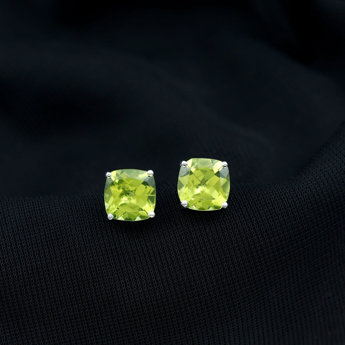 Genuine Cushion Cut Peridot Solitaire Stud Earrings With Certificate