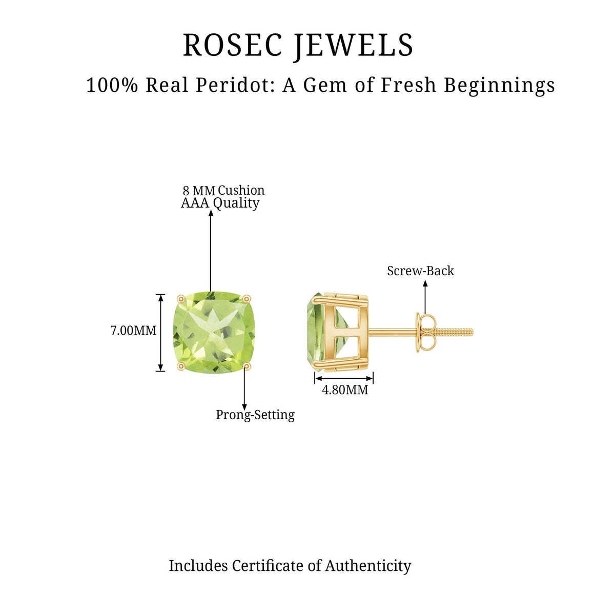 Genuine Cushion Cut Peridot Solitaire Stud Earrings With Certificate