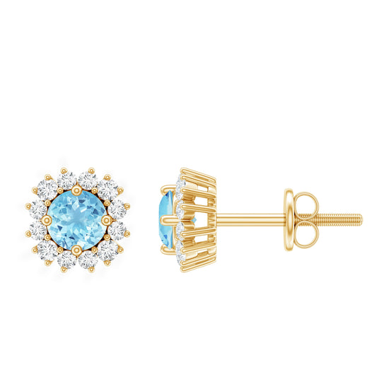 Genuine Aquamarine and Diamond Halo Stud Earrings
