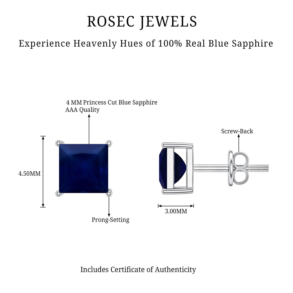 0.9 Carat Solitaire Blue Sapphire Princess Cut Stud Earrings