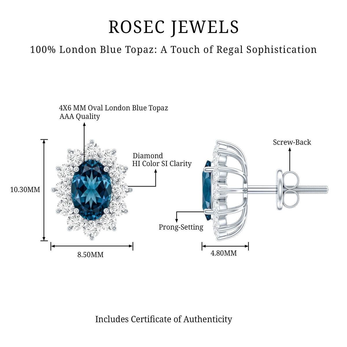 0.8 Carat Oval Cut London Blue Topaz and Diamond Halo Stud Earrings