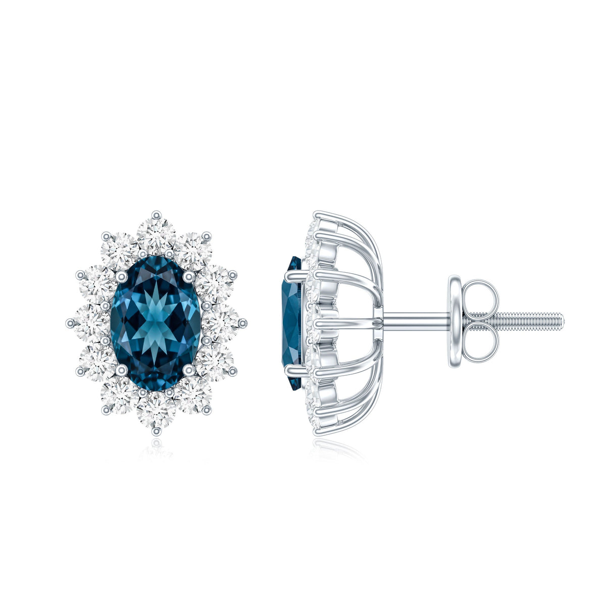 0.8 Carat Oval Cut London Blue Topaz and Diamond Halo Stud Earrings