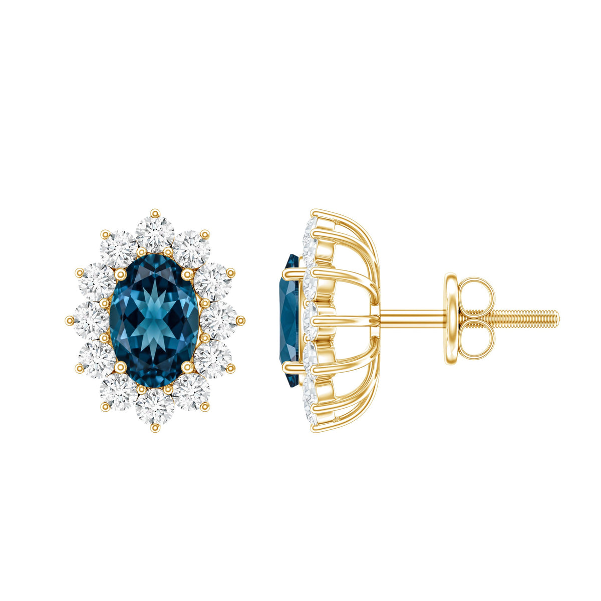 0.8 Carat Oval Cut London Blue Topaz and Diamond Halo Stud Earrings