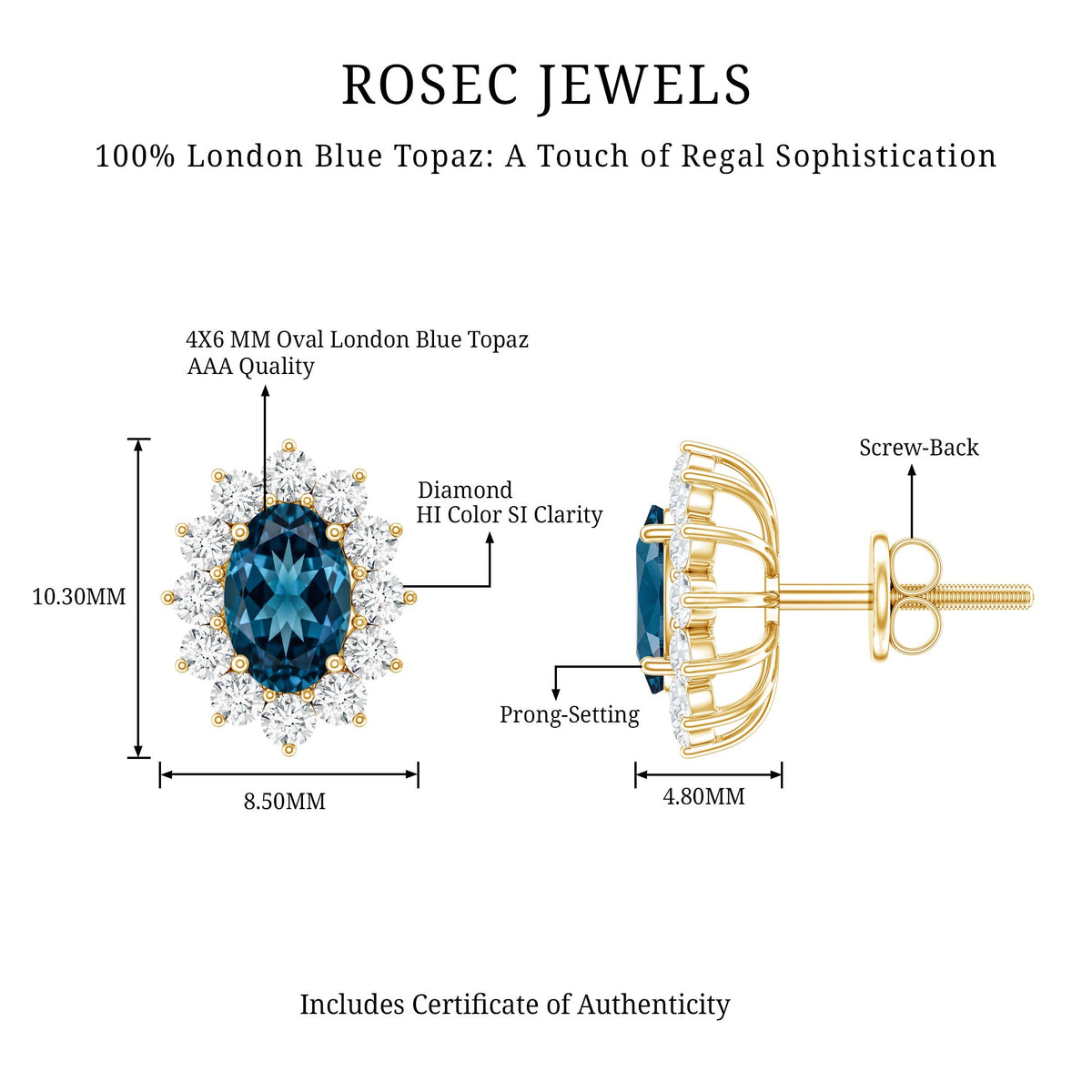 0.8 Carat Oval Cut London Blue Topaz and Diamond Halo Stud Earrings