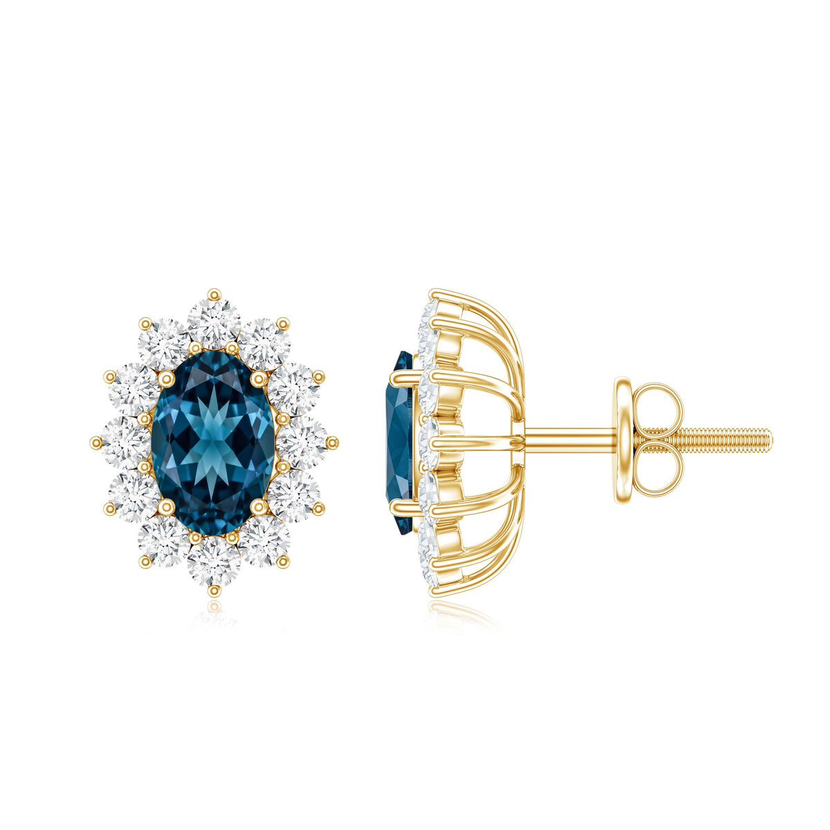 0.8 Carat Oval Cut London Blue Topaz and Diamond Halo Stud Earrings