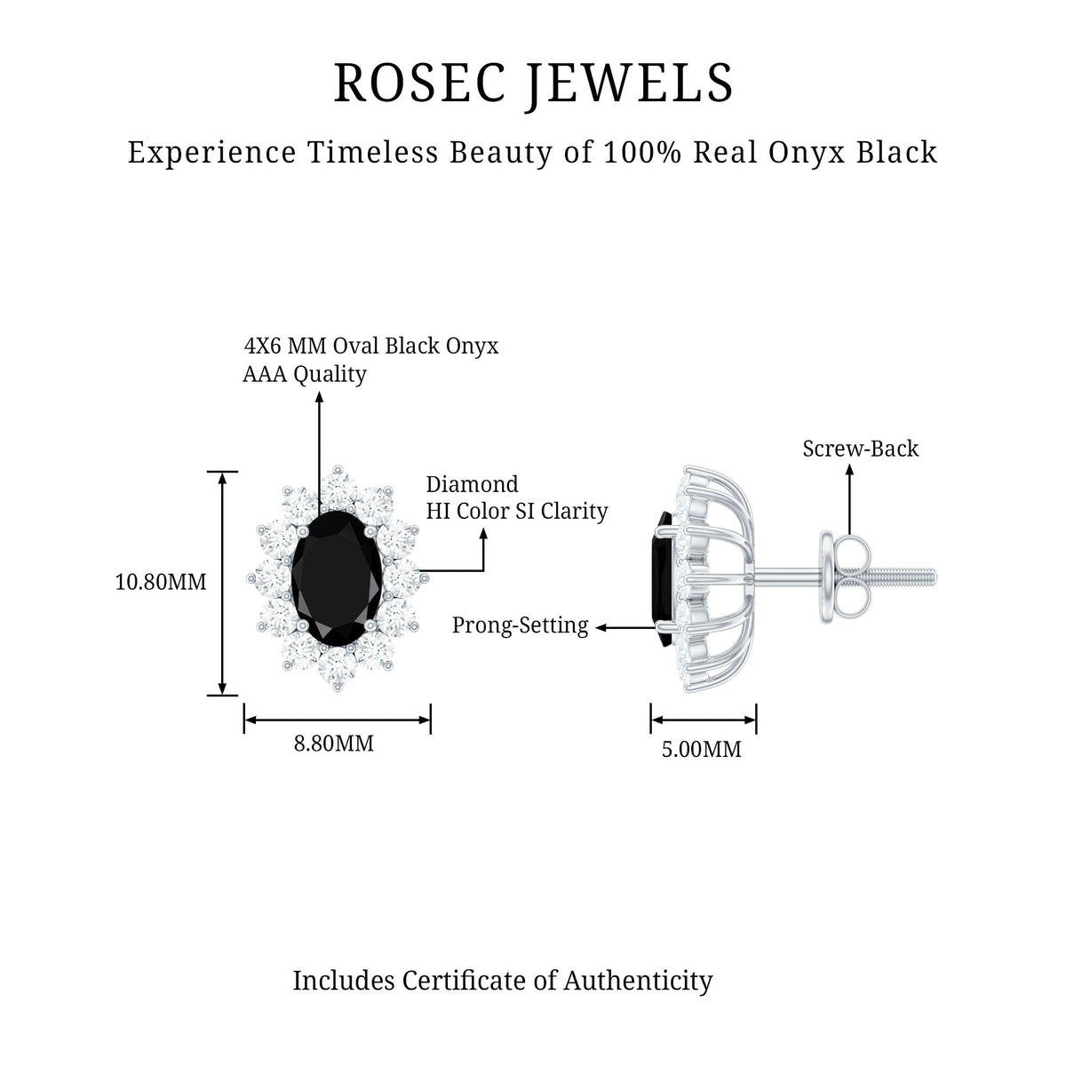 Certified Real Oval Black Onyx Stud Earrings with Diamond Halo