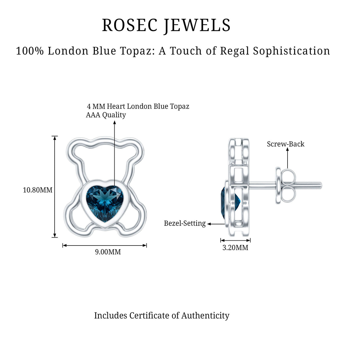 1/2 CT Heart Shape London Blue Topaz Teddy Bear Earrings