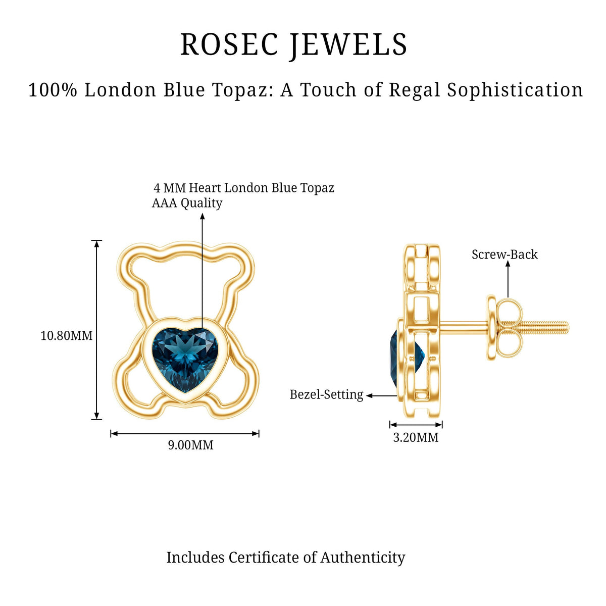 1/2 CT Heart Shape London Blue Topaz Teddy Bear Earrings