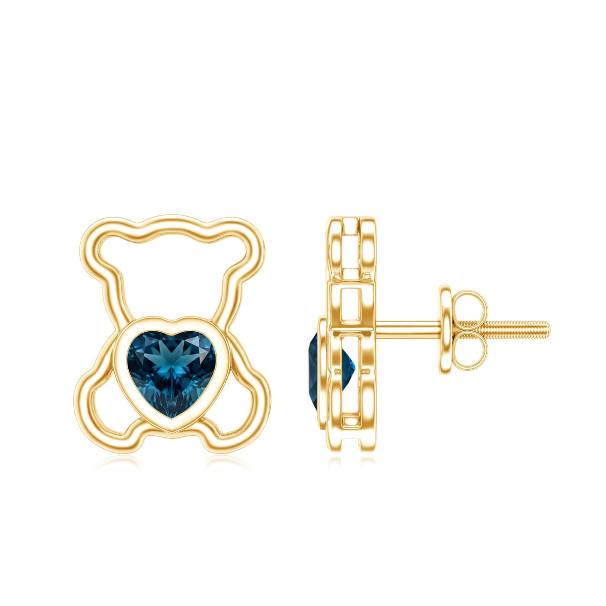 1/2 CT Heart Shape London Blue Topaz Teddy Bear Earrings