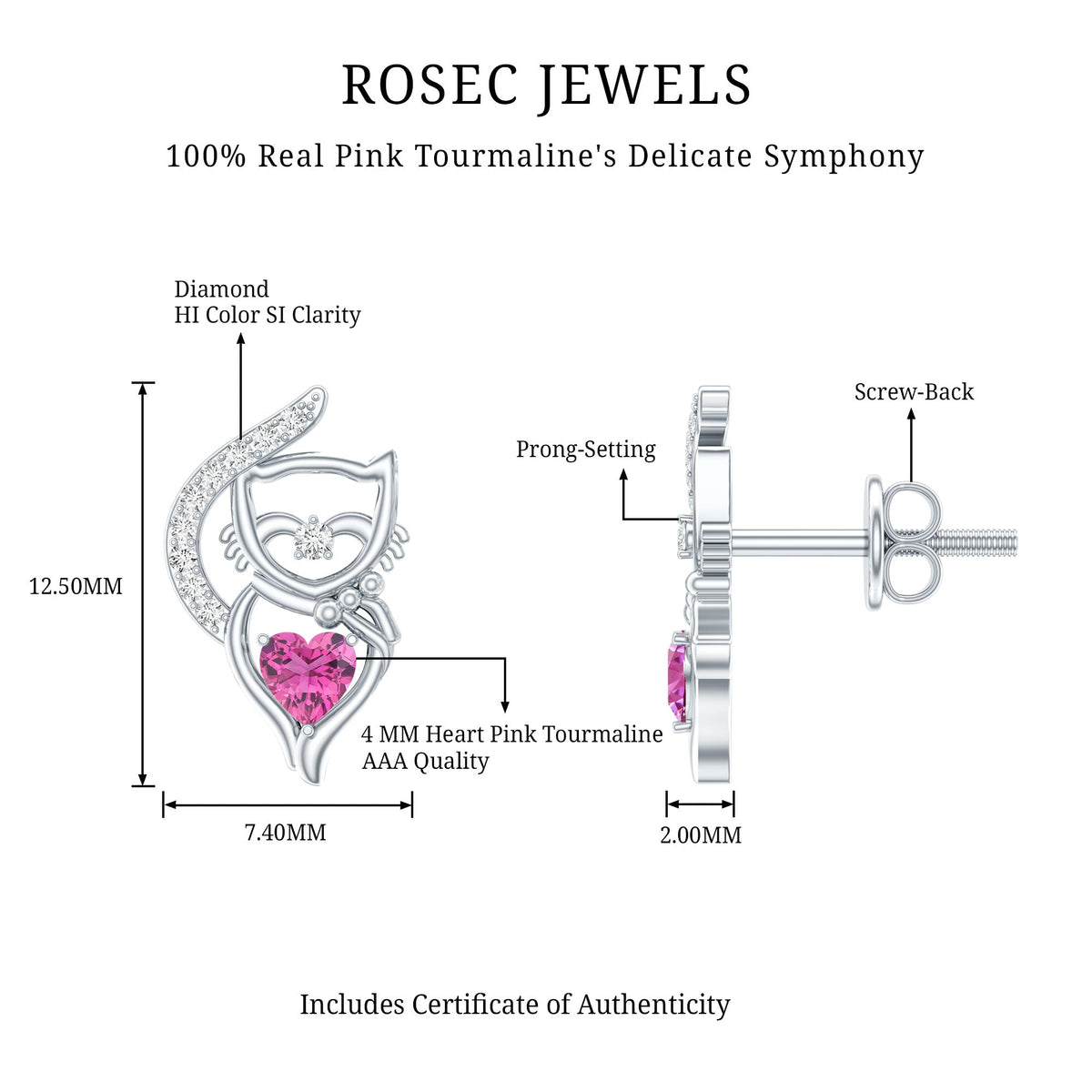 Heart Shape Pink Tourmaline and Diamond Cat Stud Earring