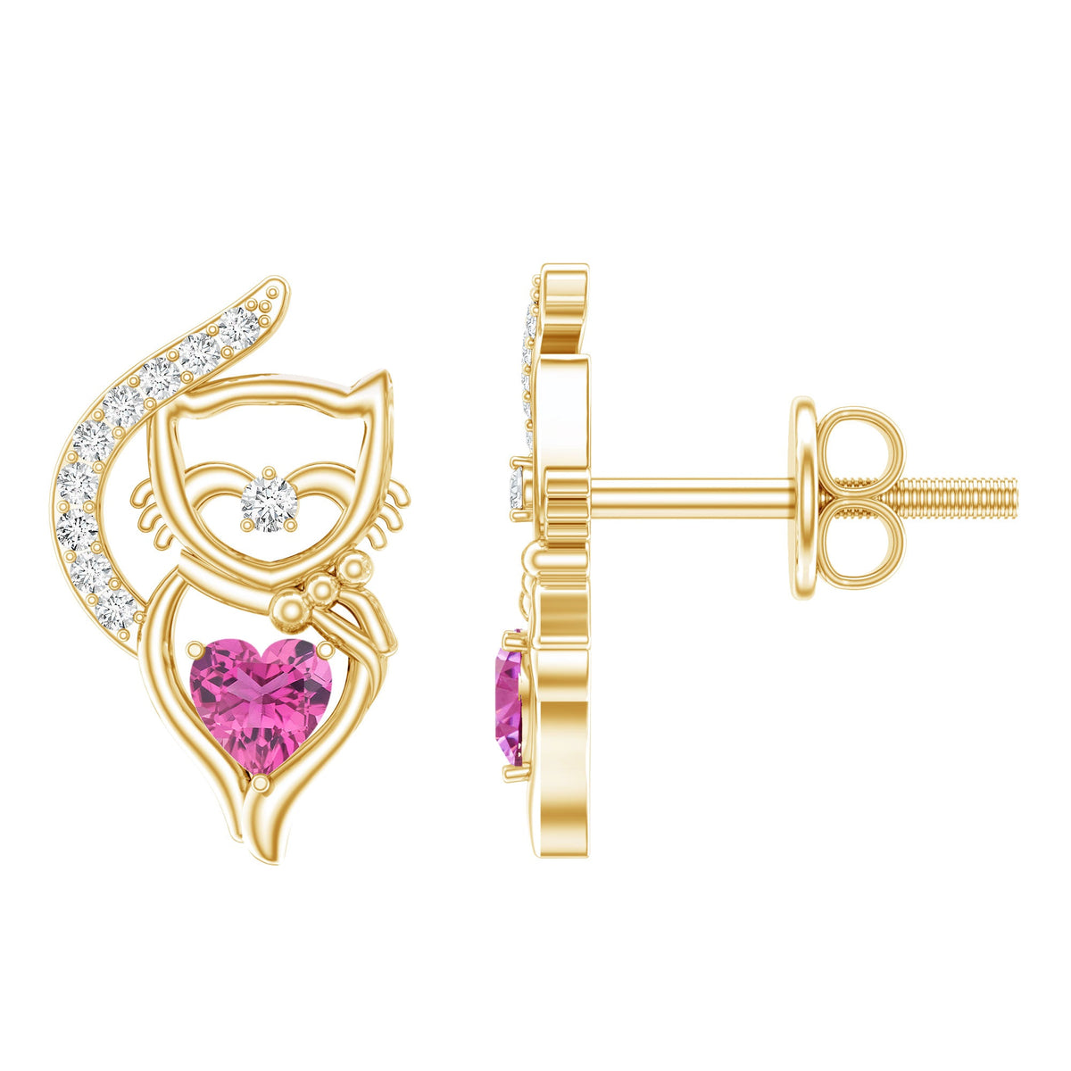 Heart Shape Pink Tourmaline and Diamond Cat Stud Earring