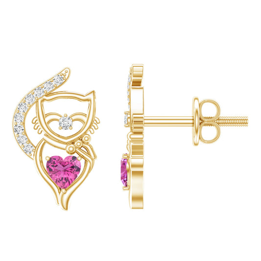 Heart Shape Pink Tourmaline and Diamond Cat Stud Earring