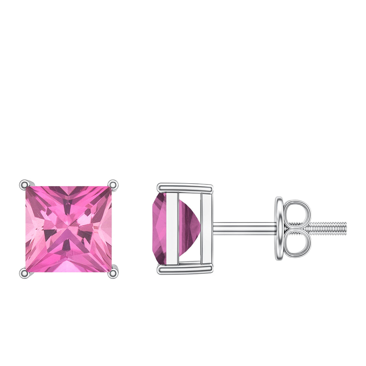 2 Carat Princess Cut Pink Tourmaline Stud Earrings with Screw Back