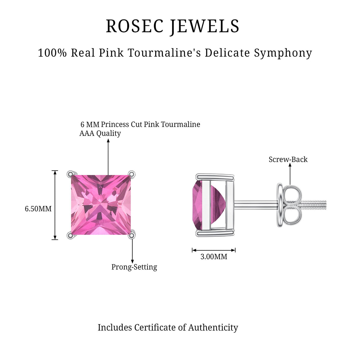 2 Carat Princess Cut Pink Tourmaline Stud Earrings with Screw Back