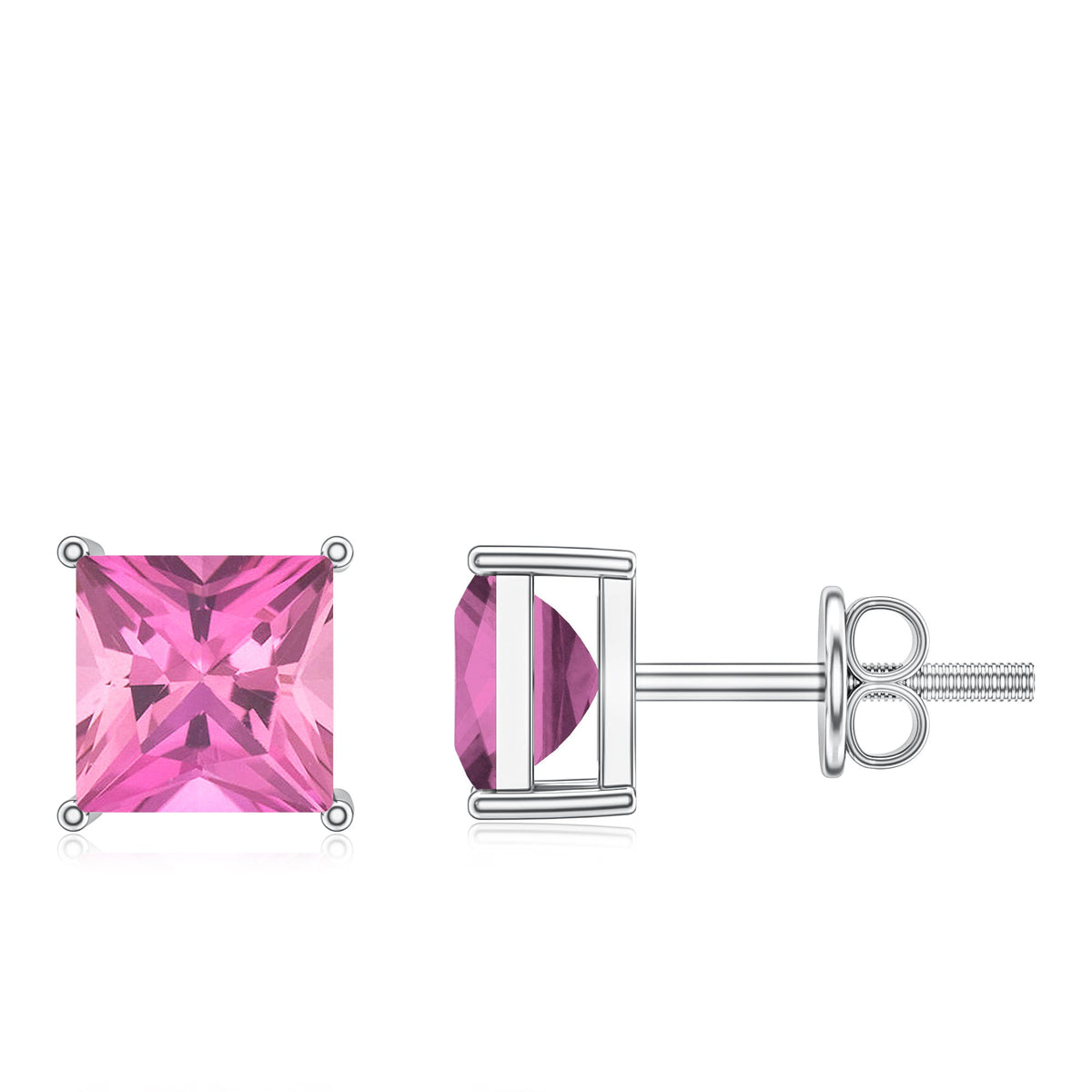 2 Carat Princess Cut Pink Tourmaline Stud Earrings with Screw Back