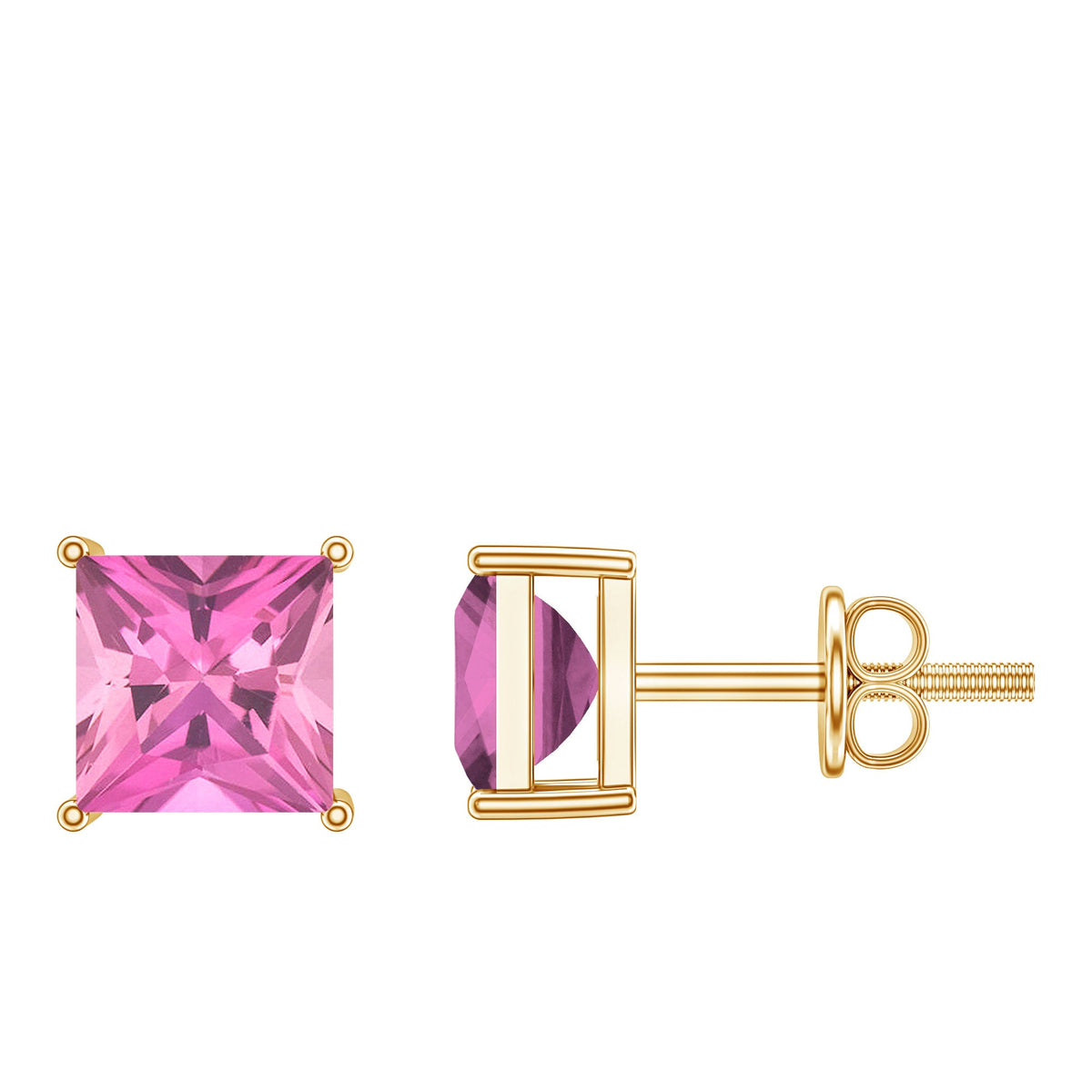 2 Carat Princess Cut Pink Tourmaline Stud Earrings with Screw Back