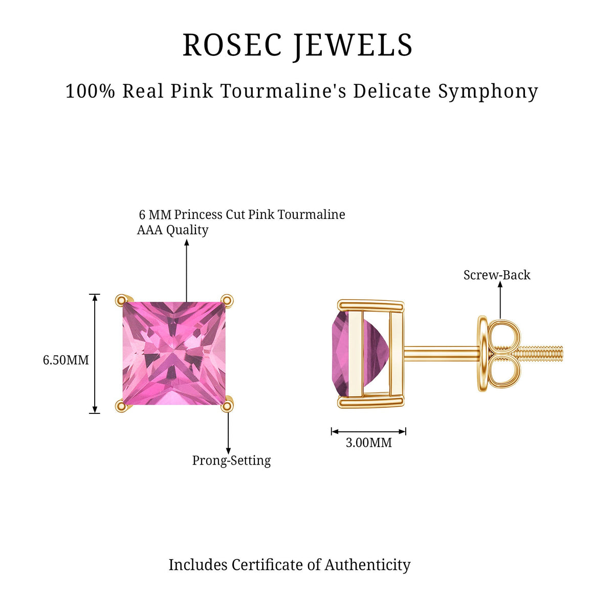 2 Carat Princess Cut Pink Tourmaline Stud Earrings with Screw Back