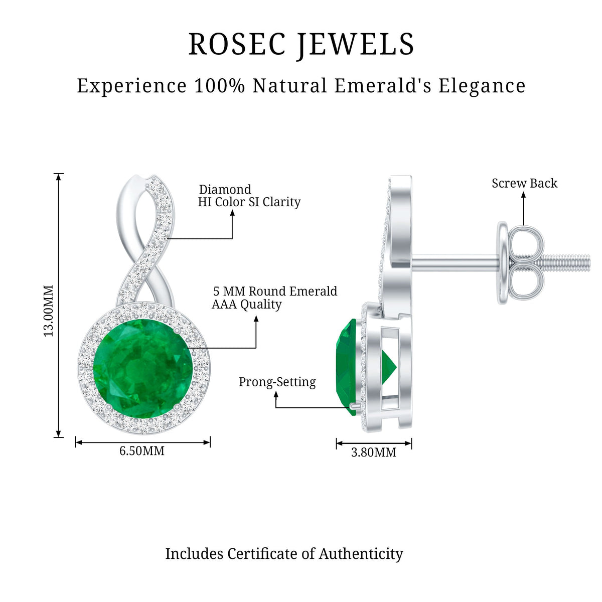 Genuine Emerald and Diamond Infinity Stud Earrings