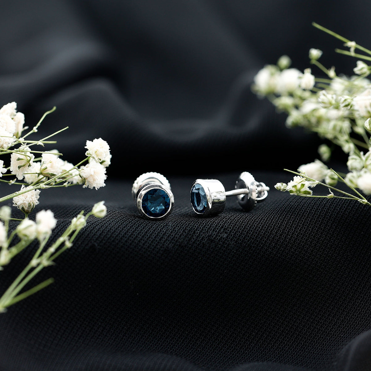1.2 Carat Round Cut London Blue Topaz Solitaire Stud Earrings in Bezel Setting