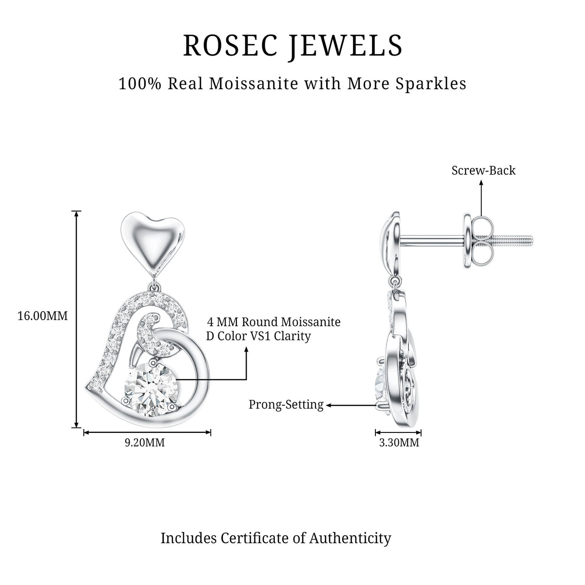 0.6 Carat Moissanite Heart Drop Earrings for Women
