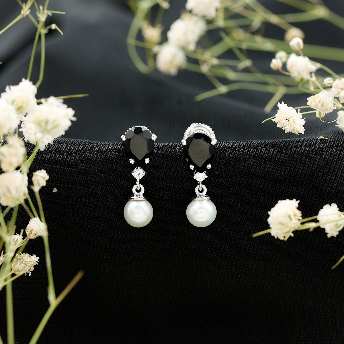 6 Carat Freshwater Pearl Drop Earrings with Black Onyx