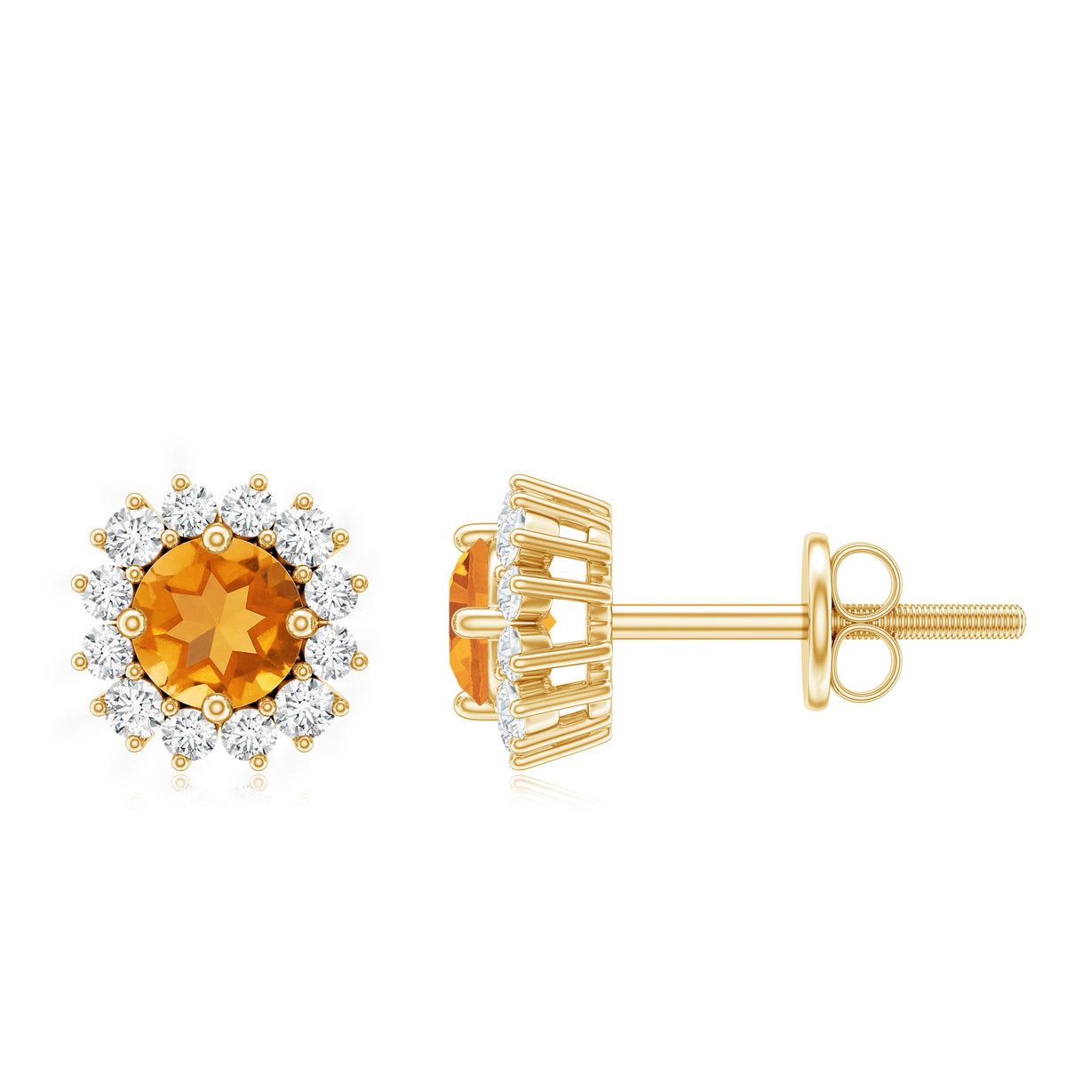 1 Carat Classic Yellow Citrine and Diamond Halo Stud Earrings