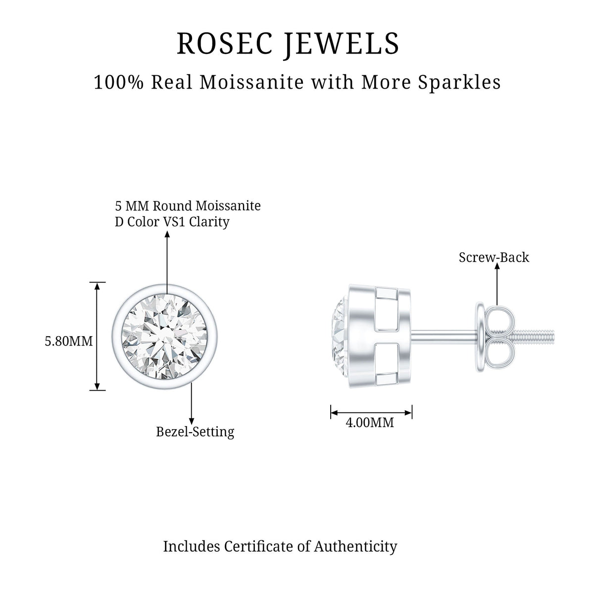 Bezel Set Round Cut Moissanite Stud Earrings