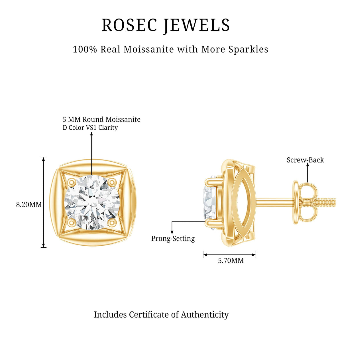 1 CT Solitaire Moissanite Stud Earrings for Women