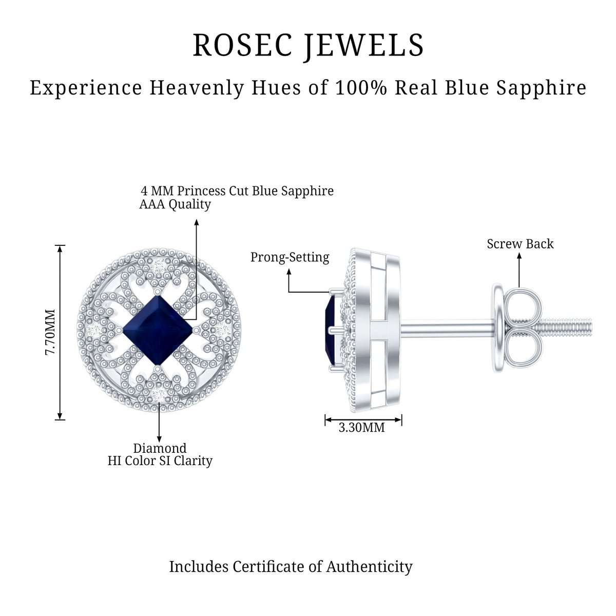 Antique Inspired Blue Sapphire and Diamond Stud Earrings
