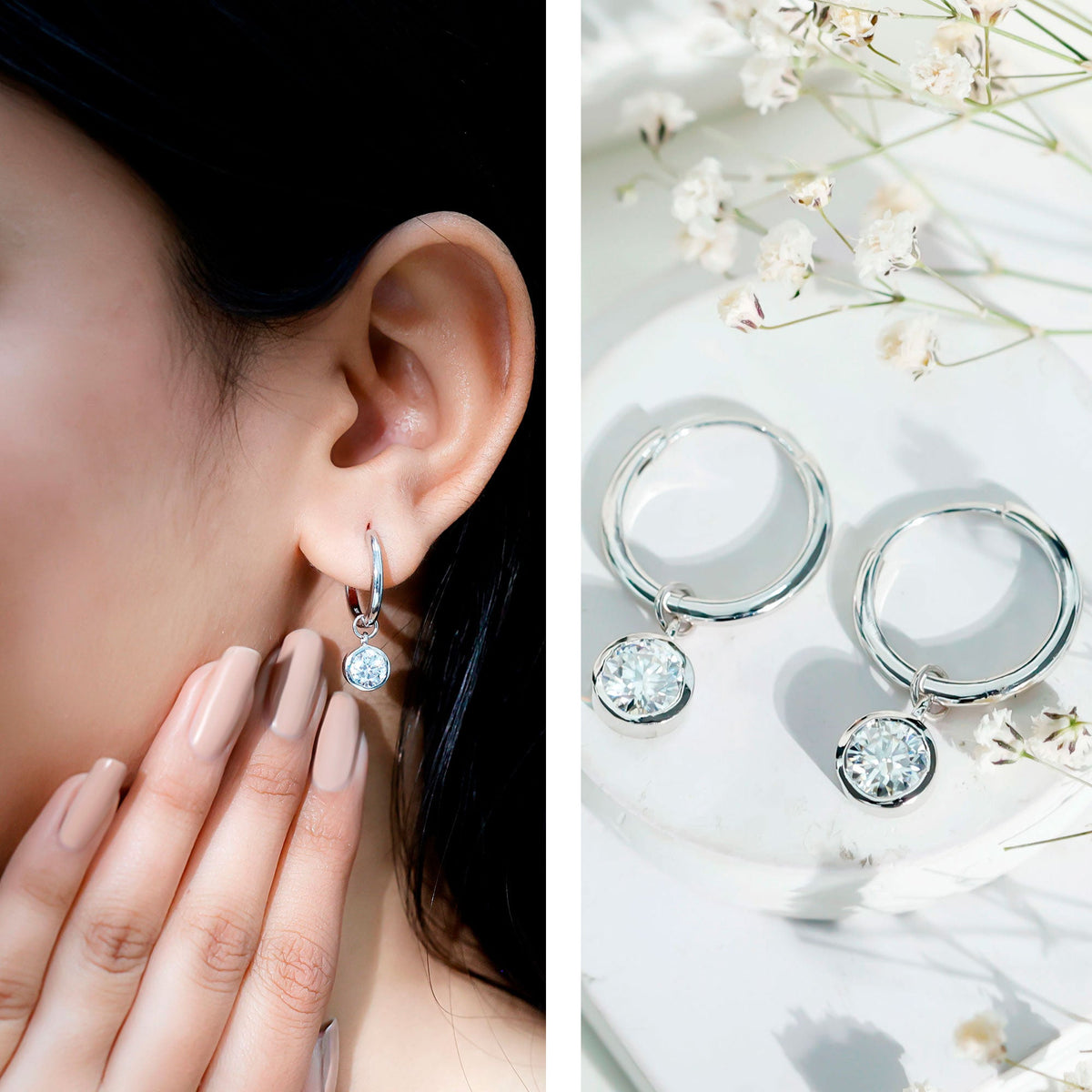 Bezel Set 2 Carat Round Moissanite Drop Hoop Earrings