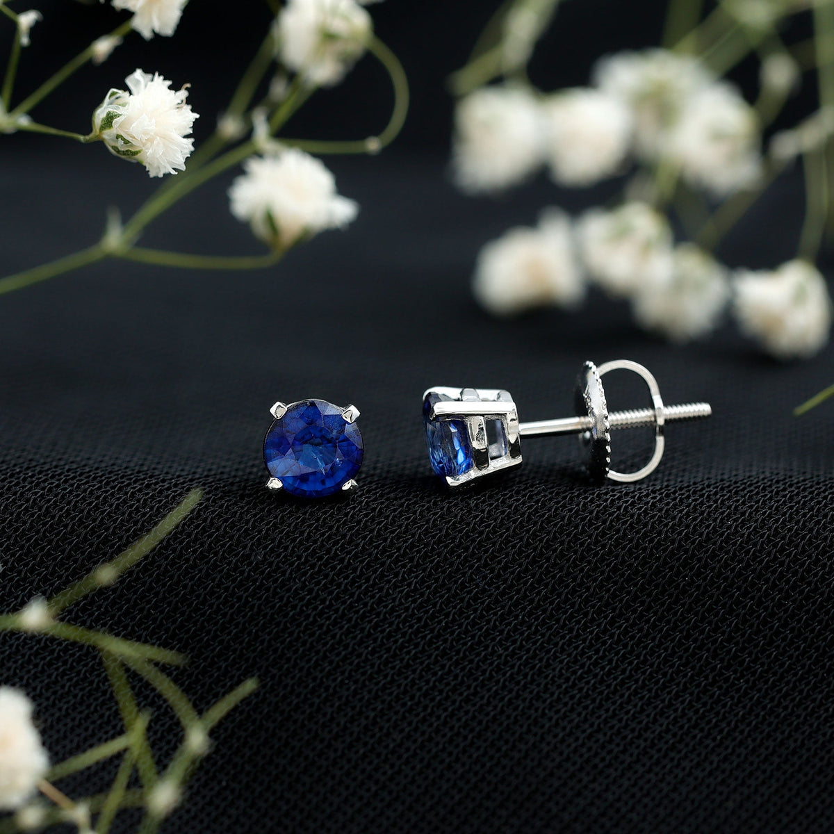 1.9 Carat Round Blue Sapphire Solitaire Stud Earrings in Claw Setting