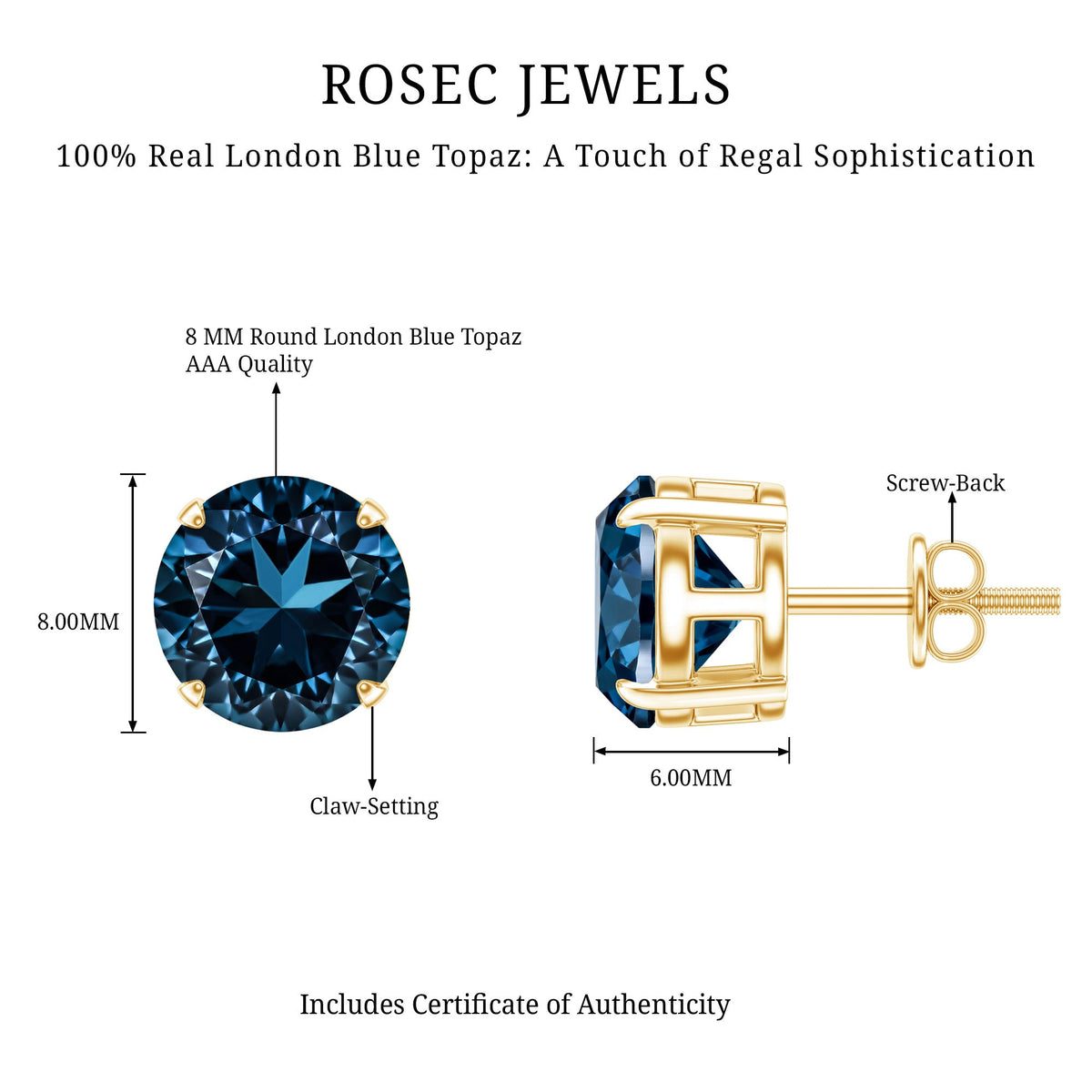 Solitaire 4 Carat London Blue Topaz Stud Earrings with Screw Backs