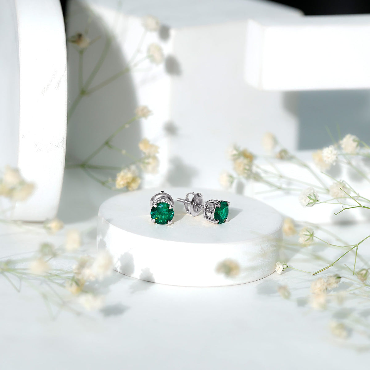 1.6 Carat Round Lab Created Emerald Solitaire Stud Earrings