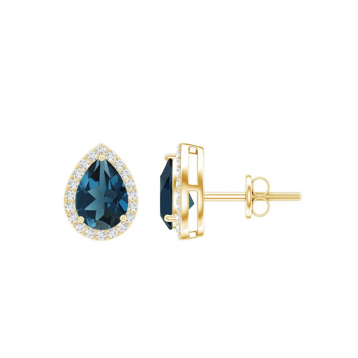 Real London Blue Topaz Teardrop Stud Earrings with Diamond Halo