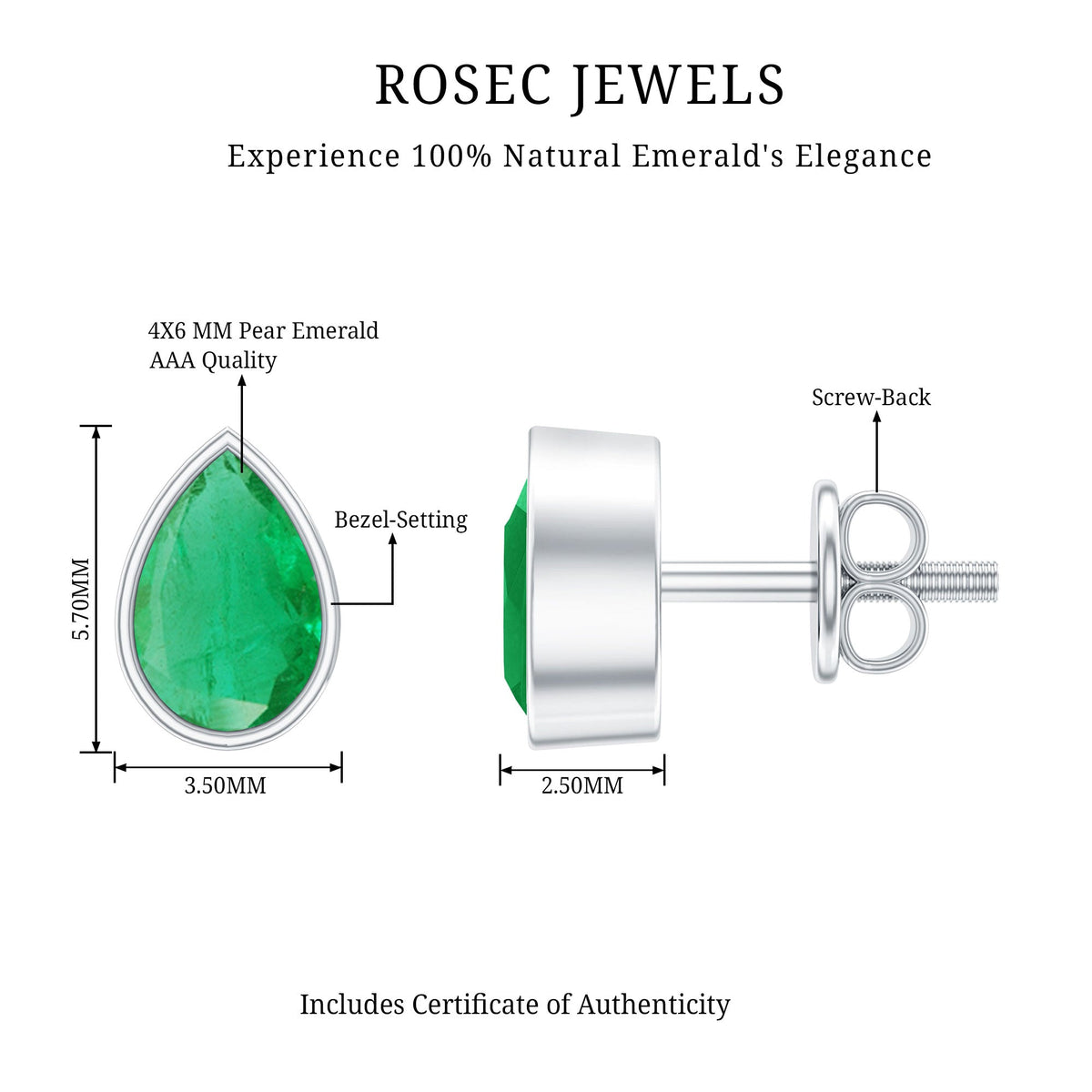 Genuine Emerald Teardrop Stud Earrings in Bezel Setting