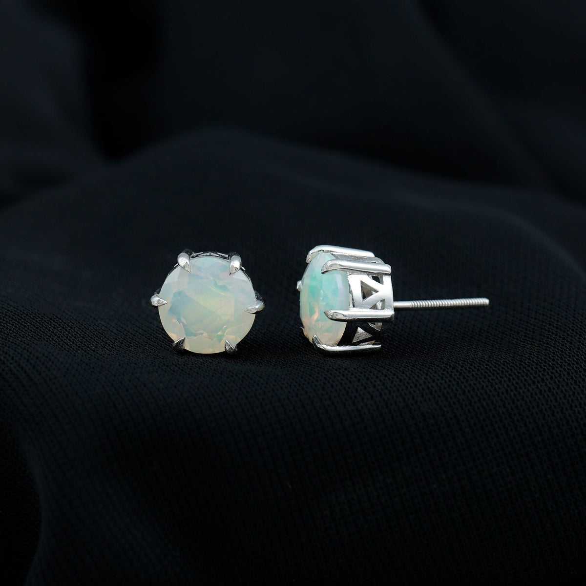 4 Carat Genuine Round Ethiopian Opal Solitaire Stud Earrings