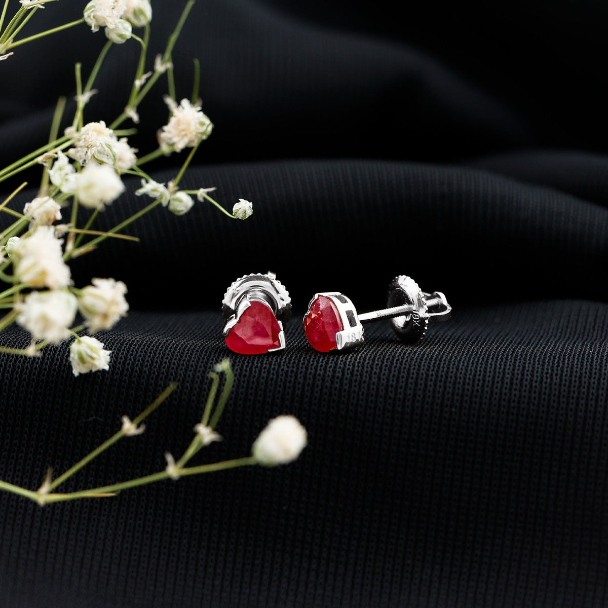 1.3 CT Heart Shape Ruby Solitaire Stud Earrings
