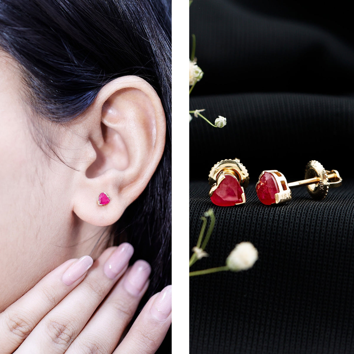 1.3 CT Heart Shape Ruby Solitaire Stud Earrings