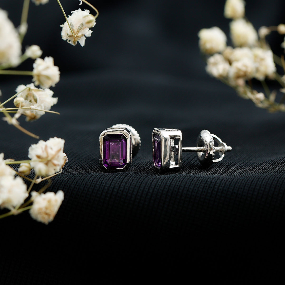 Bezel Set 1.2 Carat Amethyst Stud Earrings In Silver