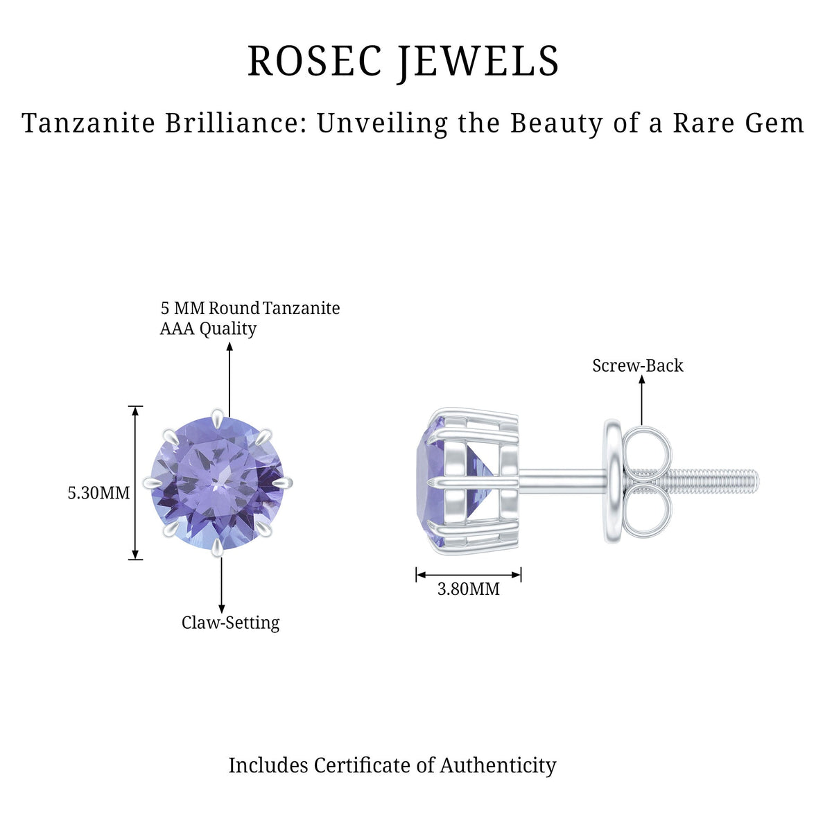 1 Carat Natural Tanzanite Round Stud Earrings for Women