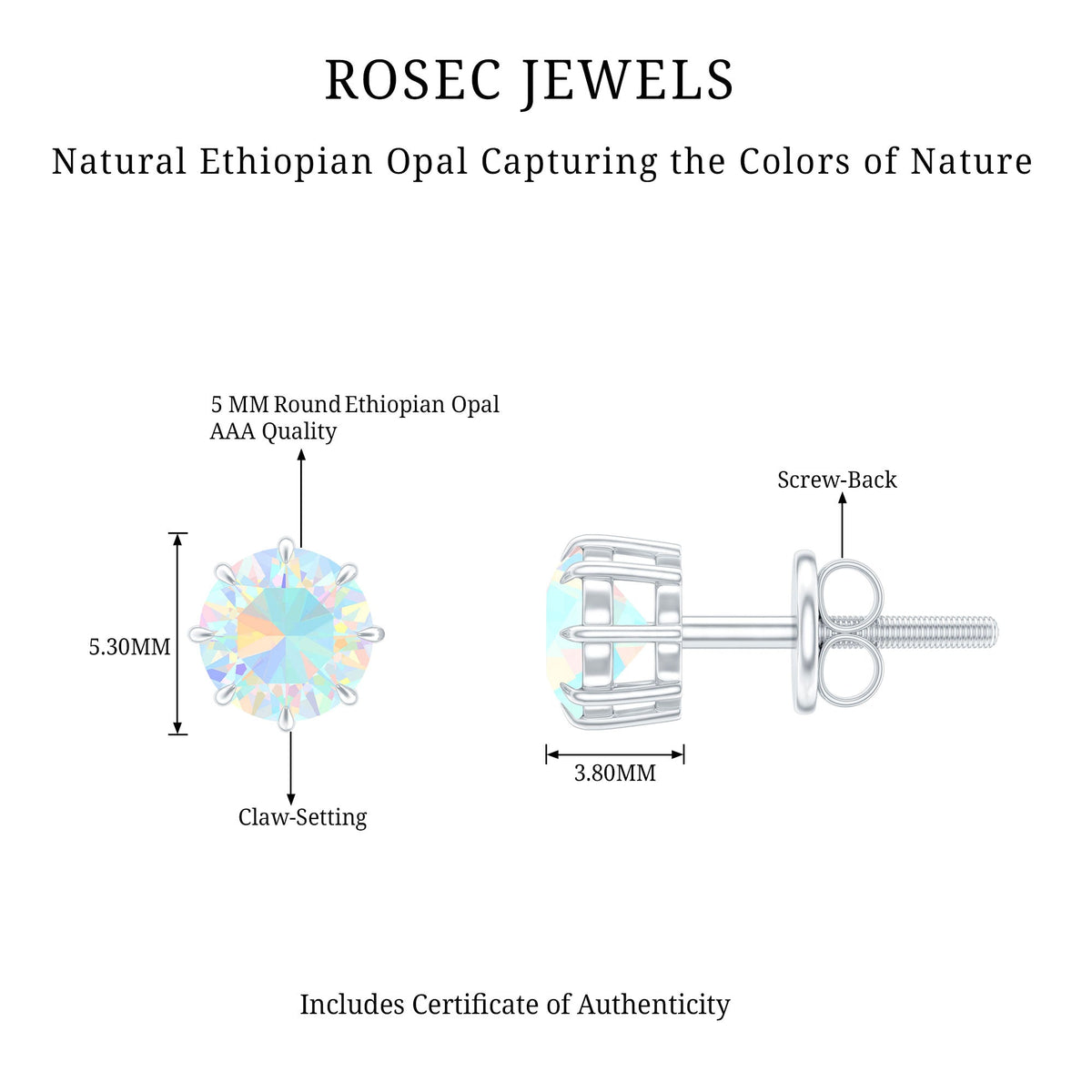 1 Carat Natural Ethiopian Opal Solitaire Stud Earrings