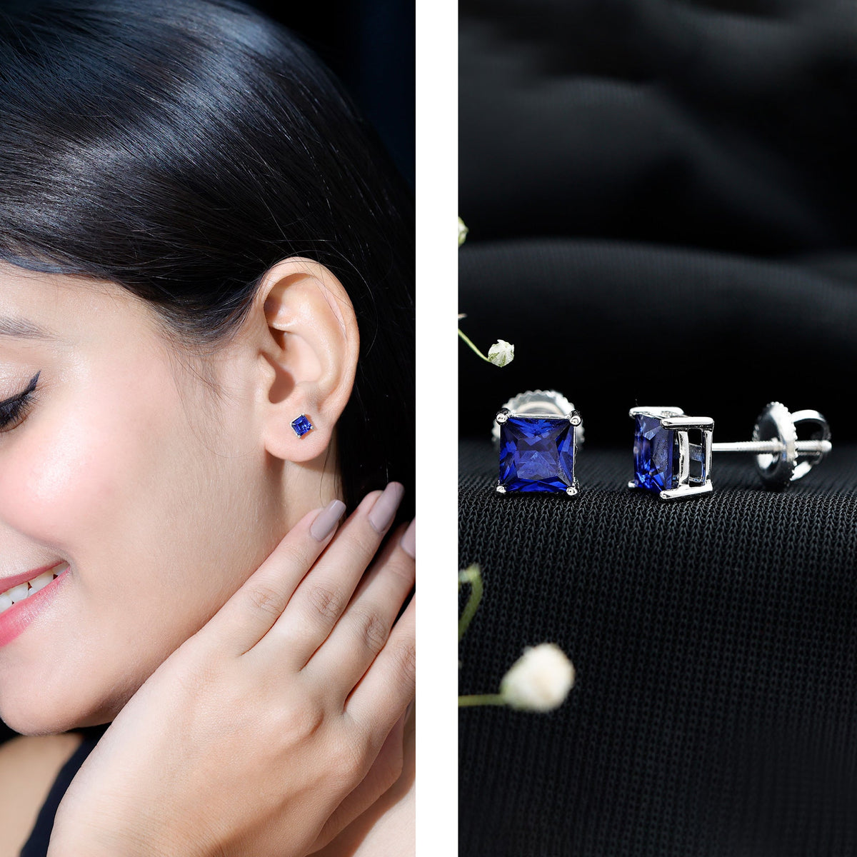1.4 Carat Princess Cut Lab Created Blue Sapphire Solitaire Stud Earrings