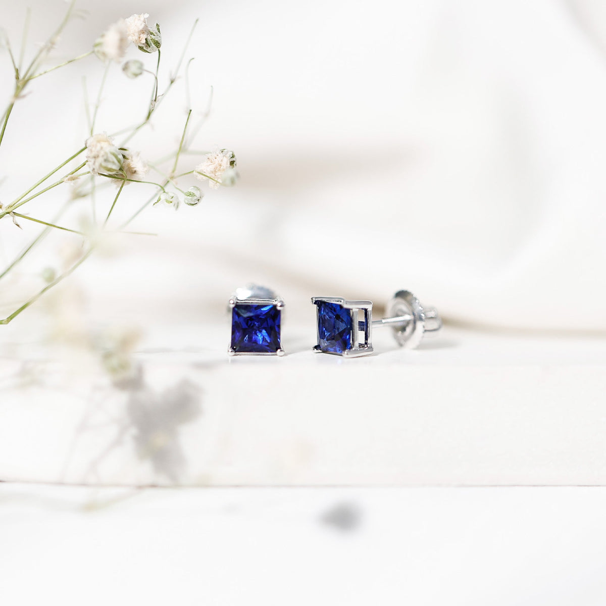 1.4 Carat Princess Cut Lab Created Blue Sapphire Solitaire Stud Earrings