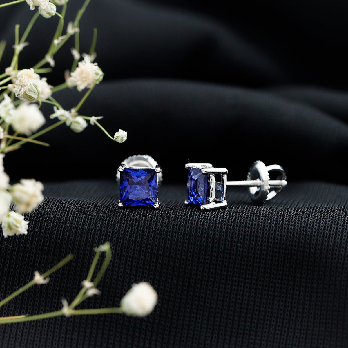 1.4 Carat Princess Cut Lab Created Blue Sapphire Solitaire Stud Earrings