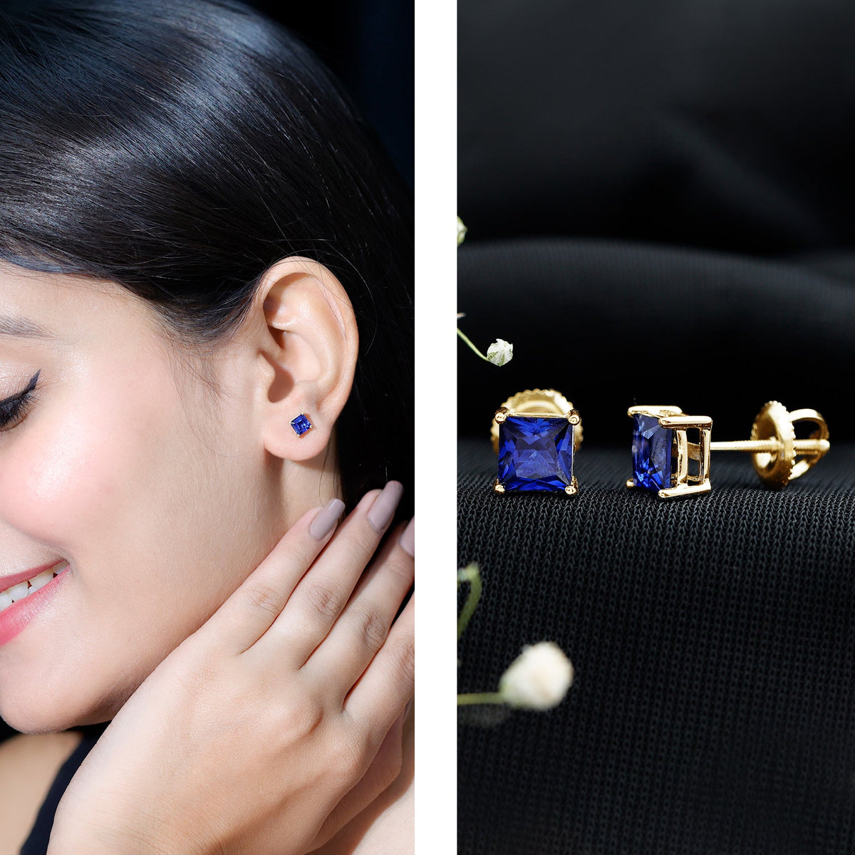 1.4 Carat Princess Cut Lab Created Blue Sapphire Solitaire Stud Earrings